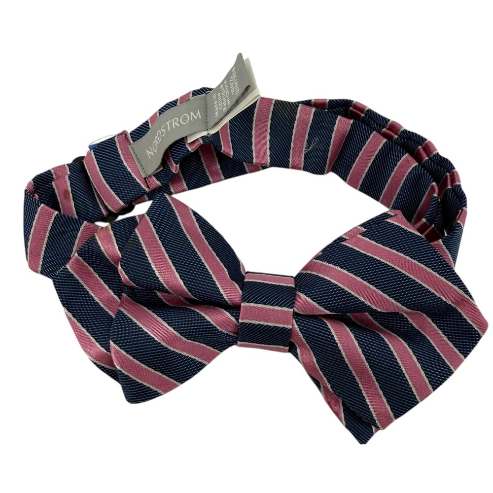 Nordstrom Boys Silk Bow Tie Navy Blue Pink‎ Striped Pre-Tied Adjustable Formal
